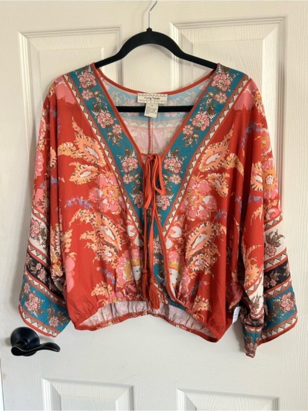 Flying Tomato Rust Floral Tie-Front Peasant Boho Blouse NWT Festival - Picture 11 of 16